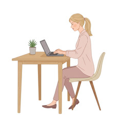 A young woman with blonde hair tied in a ponytail sits at a wooden desk working on a laptop computer isolated on transparent background