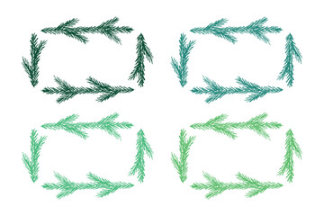 Set of hand drawn Christmas decoration border with spruce branches. Wreath doodle. Christmas, winter and New Year design element