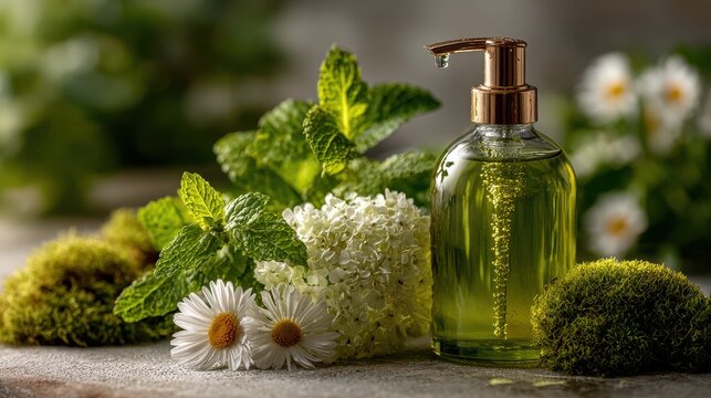 Green liquid soap dispenser with copper pump and fresh mint leaves, ideal for organic skincare branding, spa promotions, and natural beauty packaging