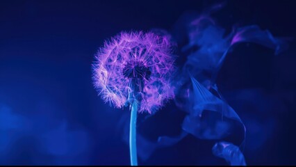 Vibrant purple dandelion glowing with blue light and wisps of smoke on a dark blue background