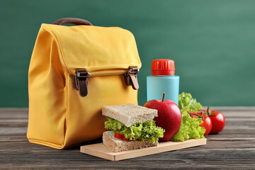 School backpack with a lunch box and healthy food items on a wooden table against a green chalkboard background