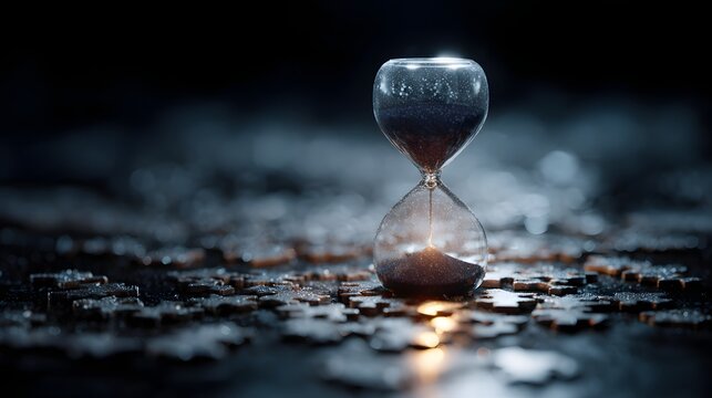 Hourglass surrounded by puzzle pieces with strategic lighting - Powered by Adobe