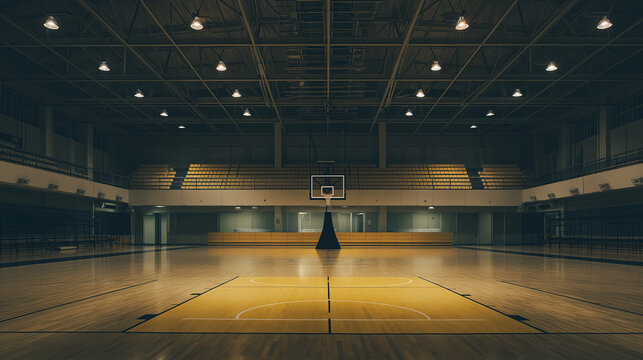 A basketball court basks in golden gym lighting, focusing on a solitary hoop with blurred motion.