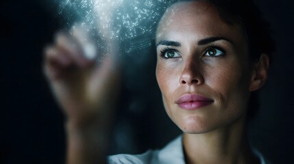 Businesswoman analyzing holographic data dashboard with innovative corporate lighting