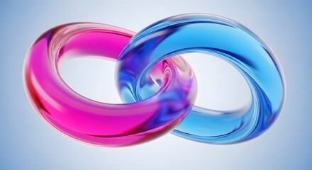 Interlinked glossy rings, pink and blue, symbolize connection and unity.