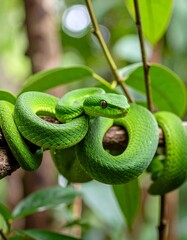 Fototapeta premium A vibrant green pit viper coiled around a branch in a lush jungle setting.