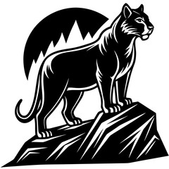 Obraz premium Majestic black panther stands proudly on a rocky outcrop against a stylized mountain and moon landscape in a bold black and white illustration