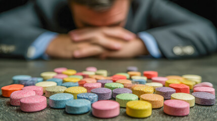 Person suit appears distressed, with their head resting their hands, surrounded by colorful pills table, symbolizing chaos of medication side