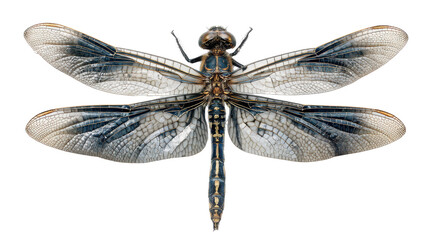A detailed close-up view of a dragonfly showcasing its intricate wing patterns and colors, white isolate background.