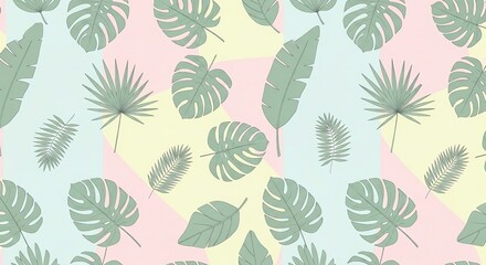 Naklejka premium A colorful tropical background with a seamless pattern of assorted green leaves, creating a vibrant and summery illustration perfect for website backgrounds, textile prints, and exotic wallpaper desig