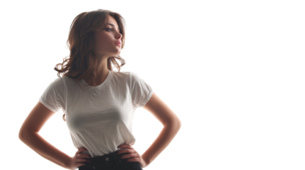 A stylish woman striking a confident pose in a white t-shirt against a clear background.