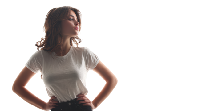 A stylish woman striking a confident pose in a white t-shirt against a clear background.