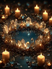 Crystals, candles, and water in a mystical circle