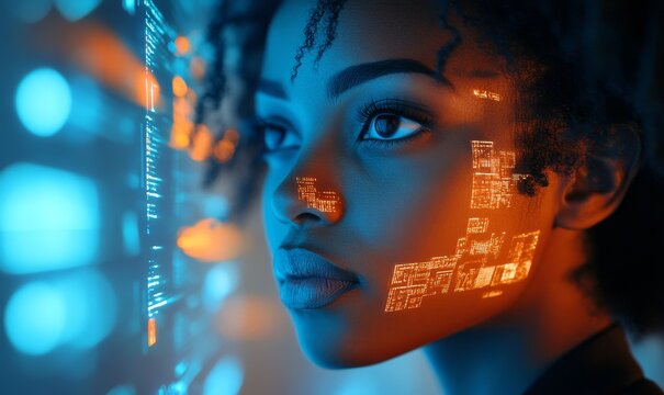 AI cybersecurity threat visualisation featuring African American female IT specialist analysing futuristic holographic data information. The scene includes blue and orange hues, Generative AI