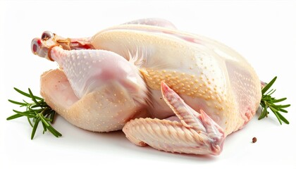 Plucked Whole Raw Chicken with Rosemary on White Background for Culinary Purposes
