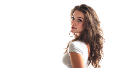 A young woman with long hair poses confidently, showcasing her natural beauty and charm.