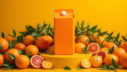 orange drink carton box with oranges in orange background