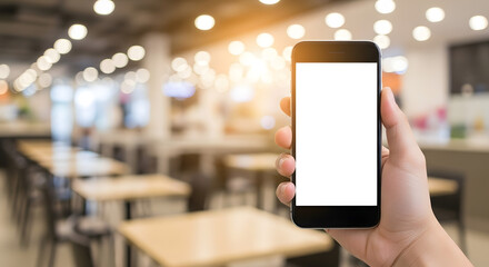 A hand holding a smartphone with a blank white screen, set against a blurred restaurant interior.