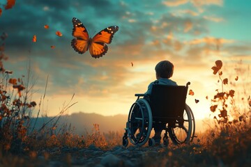 Inclusive image of a disabled child in a wheelchair looking at a butterfly in the sky. The scene promotes sustainability and climate change education for children, inspiring hope, Generative AI