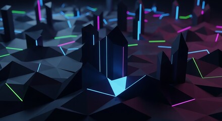 Abstract 3D landscape with neon light geometric shapes and polygons in dark futuristic environment, glowing digital art.