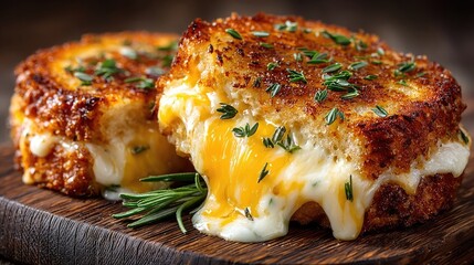 Two melted cheese toasts on a wooden board