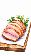 Delicious Sliced Pork Meat with Herbs on Wooden Board for Gourmet Meal Preparation and Presentation