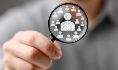 Hand holds magnifying glass focusing on a person icon surrounded by other icons