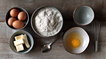 Baking ingredients including flour, egg, butter, and kitchen utensils arranged on rustic wooden table, creating cozy homemade atmosphere