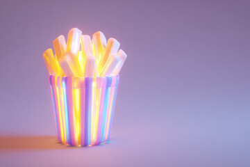 Glowing french fries in striped pastel container, minimalist style, vibrant neon colors, fast food concept, playful and futuristic mood