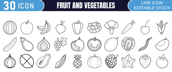 Set of 30 Icons for Fruits and Vegetables