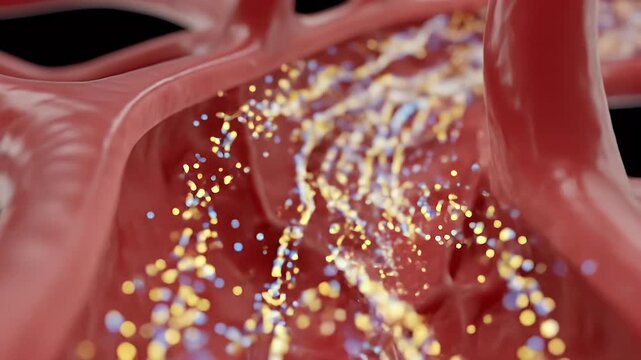 Flowing Particles Through Red Blood Vessels Microscopic View
