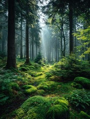 Obraz premium Misty forest path, sunlight filtering through trees