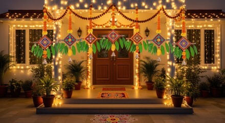 Obraz premium Festive Entrance Adornments: A warmly illuminated home entrance is adorned with celebratory decorations, embodying the spirit of togetherness, joy, and cultural richness.