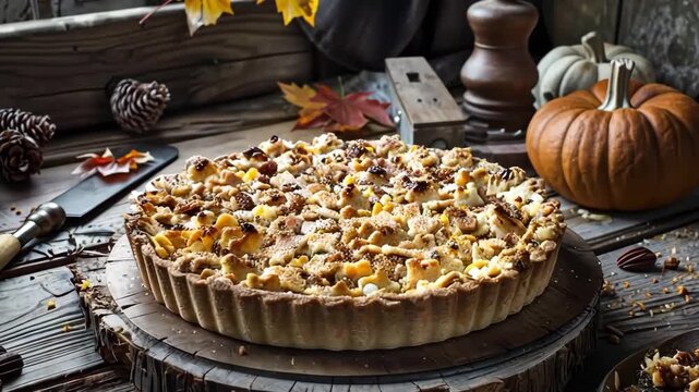 This video features a beautifully crafted homemade pumpkin pie, adorned with seasonal fall decorations and essential baking tools placed on a rustic wooden table, capturing the essence of autumn.