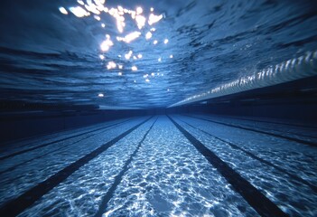 Obraz premium Underwater view of a swimming pool lane. Sunlight streams in from above