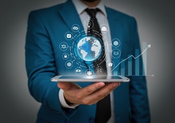 Businessman displays global digital network and growth chart on tablet
