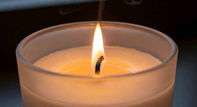 Captivating Close-Up of a Candle Flame Dancing Elegantly Above a Smooth, Warm Glass Holder with Soft Smoke Trails Enhancing the Serenity of Peaceful Ambience
