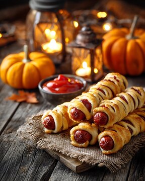Halloween finger food mockup, mummy hot dogs served with ketchup, pumpkins and lantern nearby, cozy warm light, empty space for text