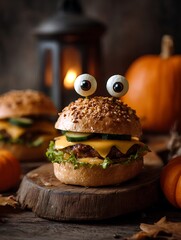 Halloween food mockup, monster burger with olive eyes and cheese tongue, rustic autumn table with pumpkins and lantern, empty top area for text overlay