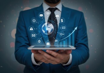 Businessman using tablet with global digital interface and financial growth chart