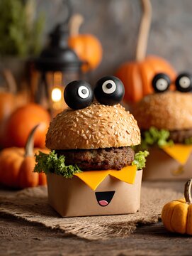 Halloween food mockup, monster burger with olive eyes and cheese tongue, rustic autumn table with pumpkins and lantern, empty top area for text overlay