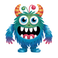 Fototapeta premium Blue furry monster with horns and big eyes isolated on a transparent background