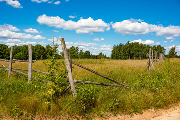 Old fence around overgrown horse paddock on farm