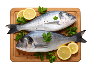 Untitled design - Top-Down Flat Lay of Cleaned Fish on Smooth Wooden Platter with Lemon and Fresh Herbs, PNG