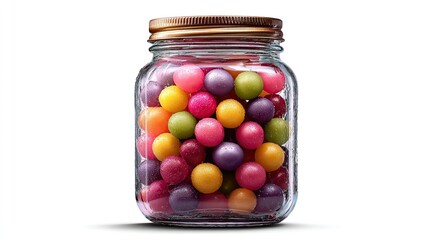 Clear glass jar filled with many colorful round candy against a white background