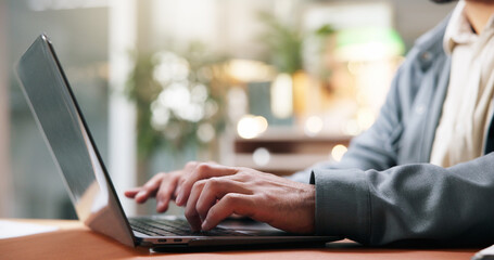 Hands, laptop and business person typing email, report and review article for copywriting in office. Computer keyboard, man and worker with research, online schedule and content writing with blog