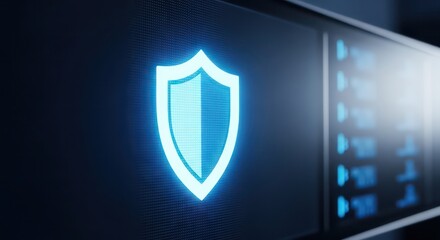 Luminous Blue Cybersecurity Shield on a Dark, Angled Digital Display
