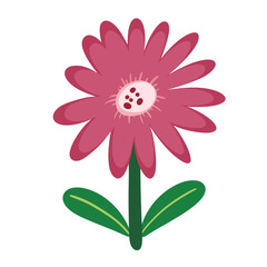 cute simple big pink flower with green leaves cartoon illustration