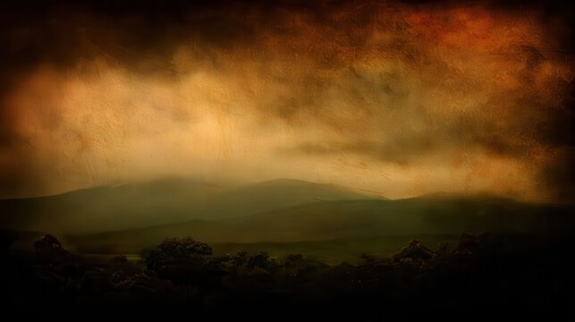 Misty mountain range under a dramatic sky. - Powered by Adobe