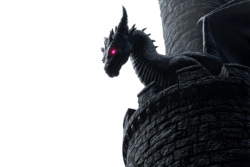 A black dragon with glowing red eyes perched on a dark castle tower isolated on transparent background
